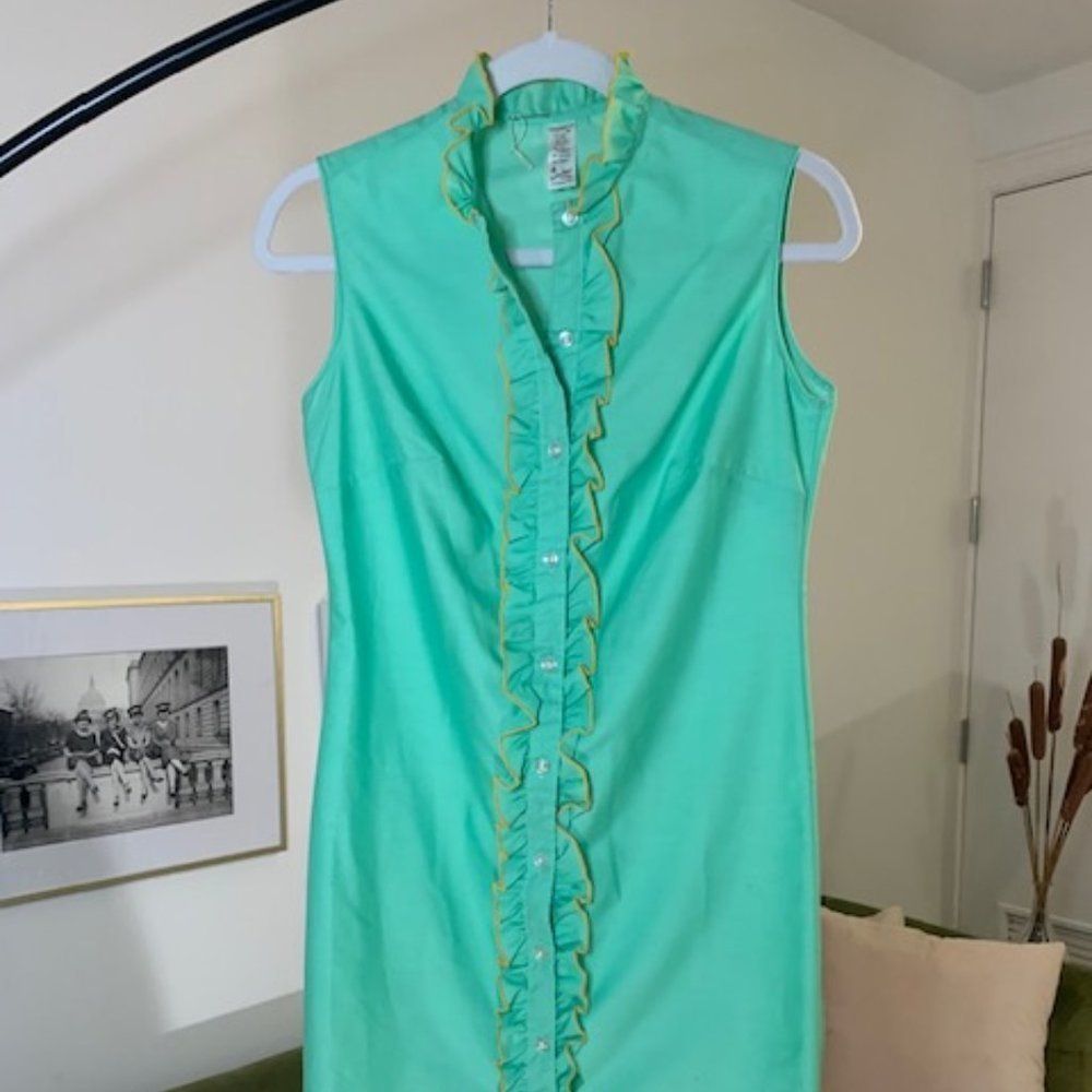 70s Vintage Hilton Head Cotton Dress in Green with Yellow Trim